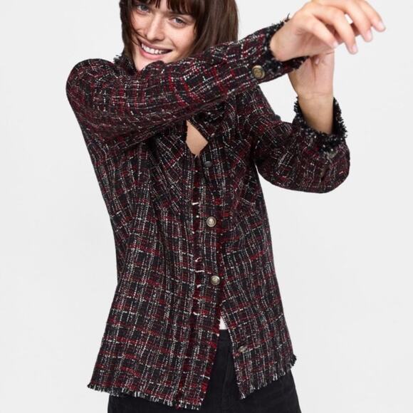 Zara Tweed Shacket Black Red Shirt Jacket Fringe Preppy Boho Contemporary Size S - Picture 13 of 15